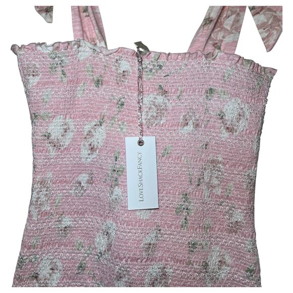 LoveShackFancy Norna Tie Shoulder Ruffle Smocked Floral Mini Dress Ballet Pink M - Picture 4 of 7